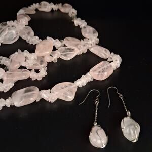 VTG Art Deco Rose Quartz Necklace Earrings Parure Set 36" Tumbled LG Beads Chip